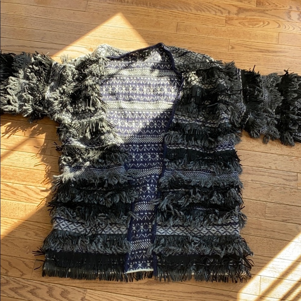 Navy blue cardigan with black leather